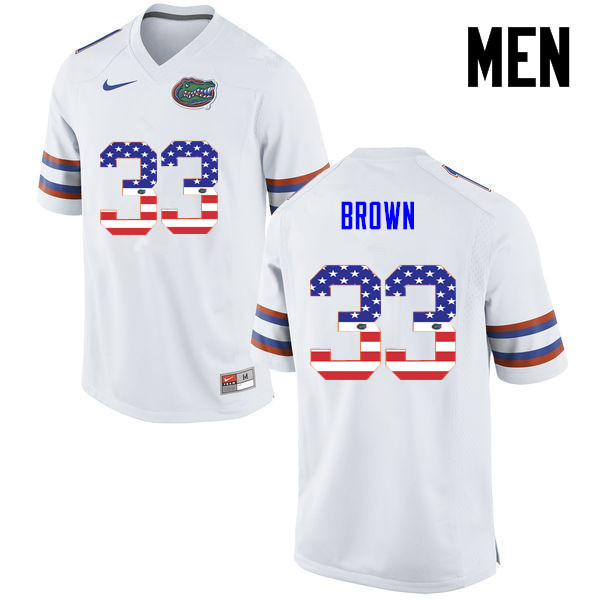 Men Florida Gators #33 Mack Brown College Football USA Flag Fashion Jerseys-White - Click Image to Close